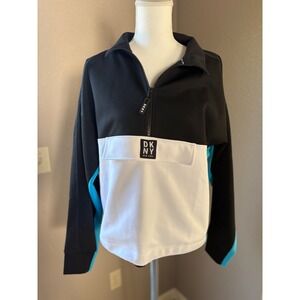 DKNY Sport Womens Black White Teal Colorblock Quarter Zip Pullover M